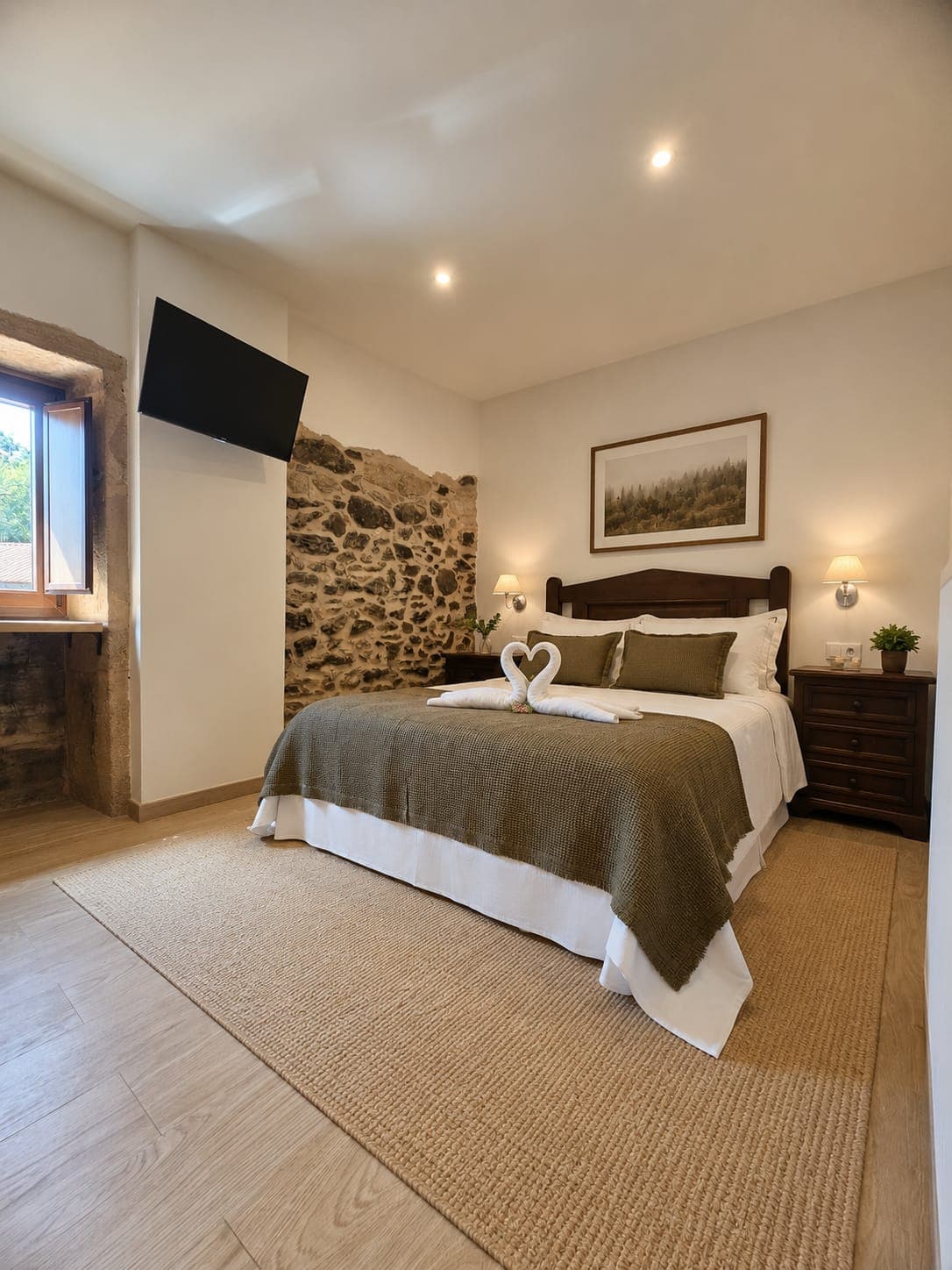Habitación Gardenia con cabecero de madera, colcha verde y muro de piedra